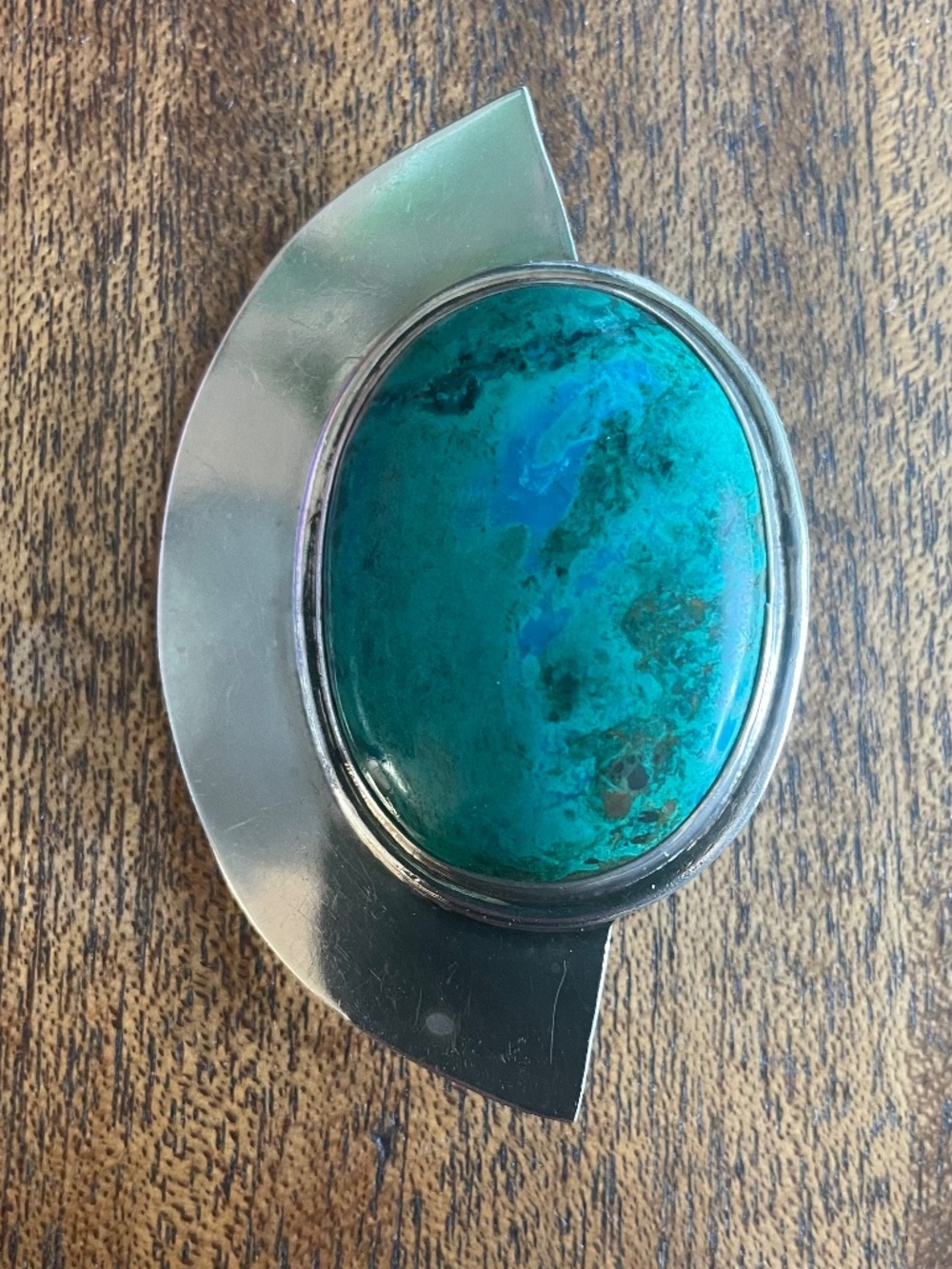 925 Money Clip with Large Chrysocolla Malachite Vintage Mexican Modernist